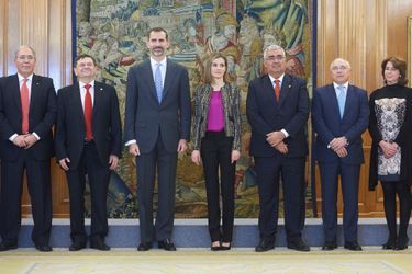 Felipe VI et Letizia avec les représentants de la Commission nationale pour la rationalisation des horaires, à Madrid le 9 janvier 2015