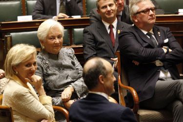 L&#039;ancienne reine Paola de Belgique et ses enfants Laurent et Astrid au Parlement lors de la Fête du roi à Bruxelles, le 15 novembre 2014