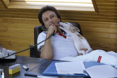 Août 1983- Portrait de Michel Drucker chez lui au téléphonant les pieds sur son bureau, le chien lui léchant la figure.