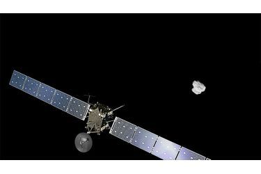 Vue d'artiste de la sonde Rosetta en approche de la comète. Au mois de juin dernier, Rosetta a déjà pu observer que de l'eau s'évaporait de la comète. Le phénomène est alors modeste en raison du grand éloignement de la comète par rapport au soleil. Au fur et à mesure que 67P/Tchourioumov-Guérassimenko se rapprochera du soleil, il s'accentuera.
