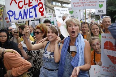 Emma Thompson et sa fille Gaia marchent contre le changement climatique à Londres, le 21 septembre 2014