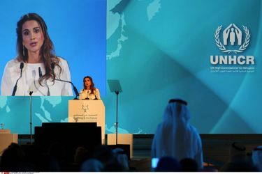 La reine Rania de Jordanie à la première conférence régionale sur les enfants réfugiés dans la région MENA, mardi.