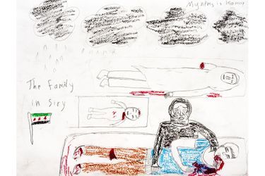 Le photojournaliste américain David Gross s’est rendu en Turquie, à la rencontre de réfugiés syriens. Avec une équipe formée notamment d’une «art-thérapeute» turque (Ezgi), et d'un professeur syrien (Khalid), il a organisé des cours de dessin dans des écoles, dans le but de capter l'impact profond de la guerre civile syrienne sur ces enfants. C'est ainsi qu'est né le projet «Inside-Outside»<br />
, disponible sur une application gratuite, et dont le but est de faire parler de cette cause, d'une manière différente.Reyhanli, Hatay, Turquie - Thème de cette séance: Affronter la mort. Dessin d'une fille syrienne de 13 ans. Une mère  pleure son fils, son bébé, et sa sœur.Pour en savoir plus, lisez les confidences que David Gross a faites à Paris Match<br />
.