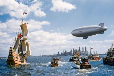 Le Mayflower II, une réplique à l’échelle du navire à bord duquel les Pilgrim Fathers débarquèrent en Amérique en 1620, fait son entrée dans le port de New York, toutes voiles dehors en 1957 après avoir réédité l&#039;historique traversée de l&#039;Atlantique.