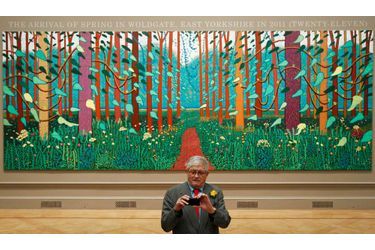Le peintre anglais David Hockney pose devant la toile "The Arrival of Spring in Woldgate, East Yorkshire in 2011 (twenty-eleven)" à la Royal Academy of Arts de Londres, le 16 janvier 2012. The Royal Academy exposera des toiles de David Hockney du 21 janvier au 9 avril.