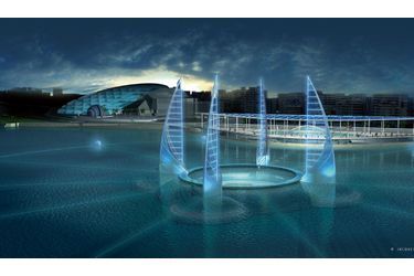 <br />
Le futur musée sous-marin d’Alexandrie : 22 000 mètres carrés. Les quatre voiles en polycarbonate ne sont pas fonctionnelles, elles indiquent les quatre points cardinaux. Leur forme rappelle celle des felouques.