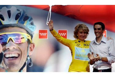 Le vainqueur du Tour de France 2009, l&#039;Espagnol Alberto Contador, a été fêté à Madrid par la présidente de la région, Esperanza Aguirre.
