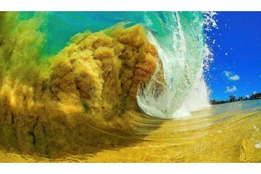 Une éruption de tourbillons dorés, surmontée de flots bleus, verts, violets... D’une palette de sable et d’eau, l’océan, peintre fou, dresse des murailles multicolores avant de les abandonner dans un fracas de fin du monde. 