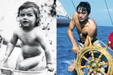 A g., 1937 : Alain, 20 mois, est nu dans une bassine en cuivre. Le bras que l’on devine est celui de sa mère, Edith, qui baigne son bébé adoré. A d., en 1959, dans &quot;Plein Soleil&quot; de René Clément.