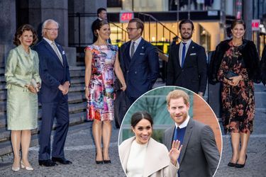La famille royale de Suède à Stockholm le 12 septembre 2017. En vignette : le prince Harry et Meghan Markle le 23 mars 2018