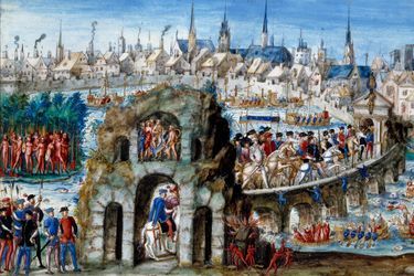 L’entrée royale d’Henri II et Catherine de Médicis à Rouen le 1er octobre 1550. Miniature, école française, XVIe siècle. Bibliothèque municipale de Rouen