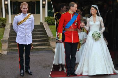 Le prince Harry en uniforme le 6 avril 2015 - Le prince William et Kate Middleton le 29 avril 2011