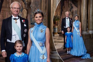 Portrait officiel des princesses Victoria et Estelle et du roi Carl XVI Gustaf de Suède, révélé le 5 février 2018
