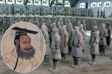 L&#039;armée d&#039;outre-tombe de l&#039;empereur Qin Shi Huang, en 2004. En médaillon, Qin Shi Huang