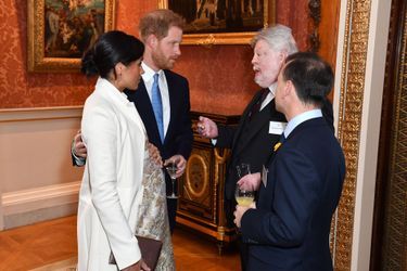 Meghan Markle, le prince Harry, Simon Weston et Alun Cairns à la réception tenue pour les 50 ans de l’investiture du prince de Galles au palais de Buckingham le 5 mars 2019