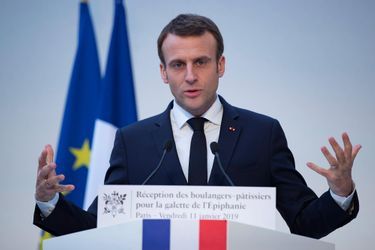 Emmanuel Macron lors de la traditionnelle galette des rois de l&#039;Elysée, le 11 janvier 2019.