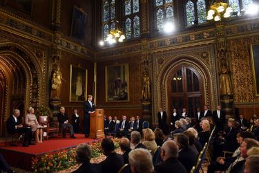 La reine Maxima et le roi Willem-Alexander des Pays-Bas au Parlement de Westminster à Londres, le 23 octobre 2018