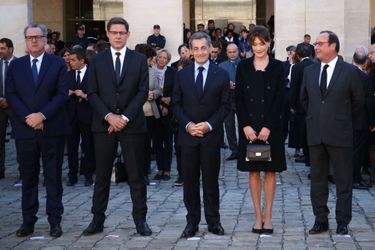Richard Ferrand, Nicolas Sarkozy, son épouse Carla Bruni Sarkozy et Francois Hollande à l&#039;hommage national à Charles Aznavour. 
