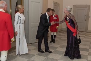 La reine Margrethe II de Danemark avec Emmanuel et Brigitte Macron à Copenhague, le 28 août 2018