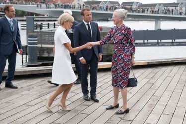 La reine Margrethe II de Danemark avec Emmanuel et Brigitte Macron à Copenhague, le 29 août 2018