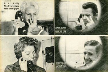 Kopa et Fontaine téléphonent à leurs épouses respectives, pour leur raconter leur victoire face à l&#039;Irlande du Nord en quart de finale du Mondial. (Paris Match n°481, 28 juin 1958)