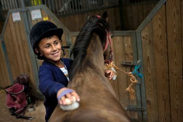 Talan, 11 ans, est apaisé par cette séance de brossage. Les chevaux d’équithérapie sont choisis pour leur caractère calme.