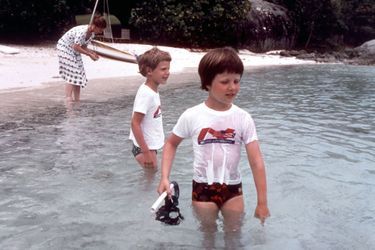 Le prince Frederik de Danemark avec son petit frère le prince Joachim, le 1er juin 1976