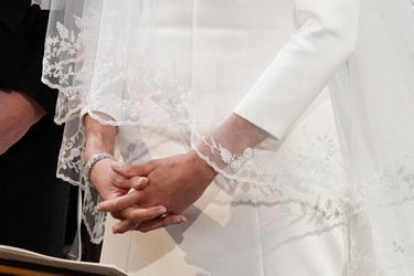 Détail du voile de Meghan Markle le jour de son mariage avec le prince Harry, le 19 mai 2018