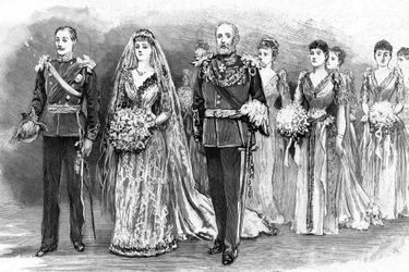 Gravure figurant le mariage de la princesse Marie-Louise Schleswig-Holstein (petite-fille de la reine Victoria) et le prince Aribert d&#039;Anhalt le 6 juillet 1891