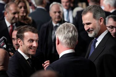 Le roi des Belges Philippe et le roi Felipe VI d'Espagne avec Emmanuel Macron à Jérusalem, le 23 janvier 2020
