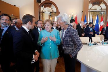 Emmanuel Macron, Angela Merkel et Christine Lagarde au G7 de Taormine, samedi. 