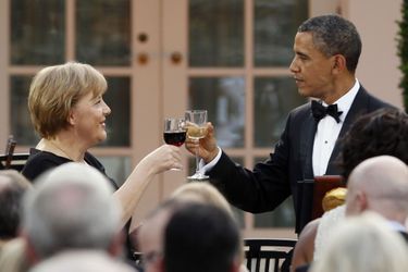 Angela Merkel et Barack Obama lors d&#039;un dîner d&#039;Etat à la Maison Blanche, le 7 juin 2011.