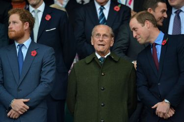 Les princes Harry, Philip et William au stade de Twickenham à Londres, le 31 octobre 2015