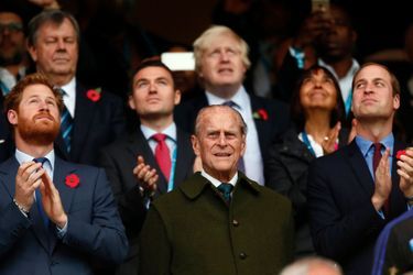 Les princes Harry, Philip et William au stade de Twickenham à Londres, le 31 octobre 2015