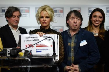 Pamela Anderson combat le gavage des oies et des canards à l'Assemblée nationale, à Paris, le 19 janvier 2016