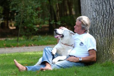 Alain Delon, 69 ans, caresse son chien berger Voyou, 2004