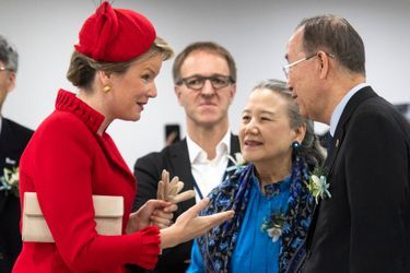 La reine des Belges Mathilde avec Ban Ki-moon et sa femme Yoo Soon-taek à Incheon, le 27 mars 2019 