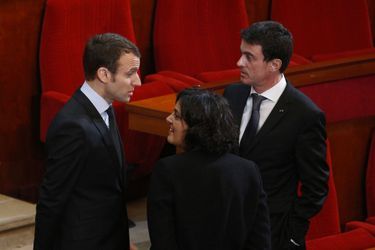 Emmanuel Macron, Myriam El Khomri et Manuel Valls, le 18 janvier au Conseil économique, social et énvironnemental.