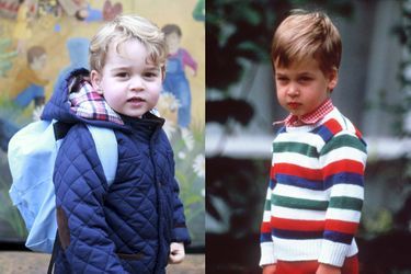 Le prince George lors de sa rentrée des classes, le 6 janvier 2015, le prince William, lors de sa rentrée des classes, le 24 septembre 1985.