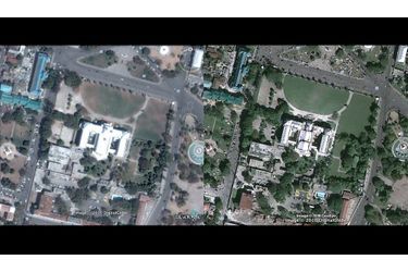 Le palais présidentiel avant et après le tremblement de terre (à dr.) sur Google Earth.