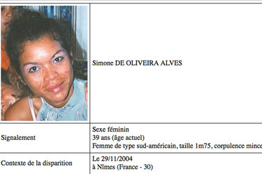 Une capture d'écran de la fiche de disparition de Simone de Oliveira Alves