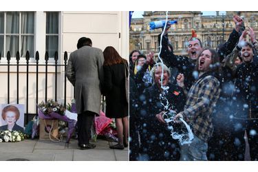 <br />
Des réactions contrastées à la mort de Margaret Thatcher devant le 10 Downing Street et à Glasgow.
