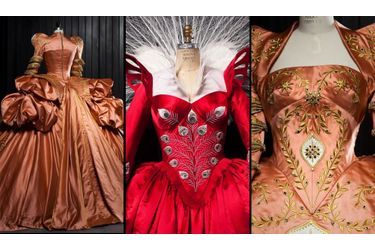 <br />
La robe de bal dorée de dos et de face, et la robe rouge, portées par la Reine