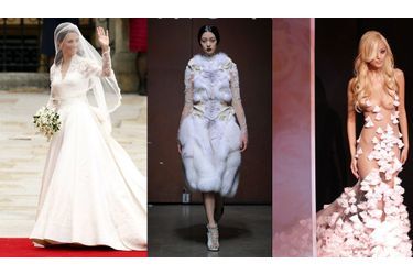 De gauche à droite: Kate, en robe de mariée, une création de Yiqing Ying, et Zahia lors de la présentation de sa collection de lingerie. 