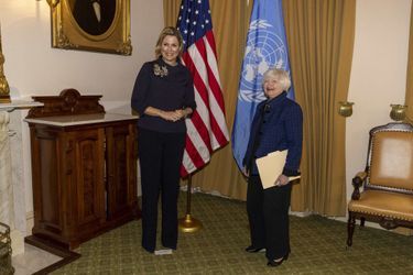 La reine Maxima des Pays-Bas avec Janet Yellen, la secrétaire au Trésor des Etats-Unis, à Washington, le 23 mars 2022
