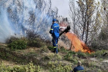 Les pompiers grecs combattent les flammes dans la région d’Élide, dans le Péloponnèse (Grèce), le 4 avril 2022.