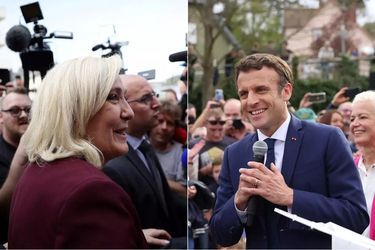 Marine Le Pen et Emmanuel Macron en campagne lors de l&#039;entre-deux tours.