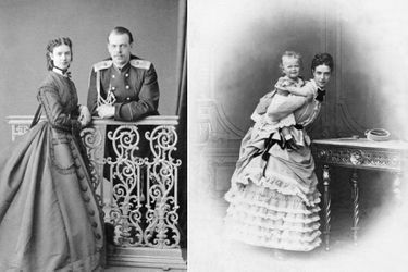 A gauche : La princesse Dagmar de Danemark avec le grand-duc héritier de Russie Alexandre Alexandrovitch (futur empereur Alexandre III) après leurs fiançailles - A droite : avec son fils aîné, le prince Nikolaï (futur empereur Nicolas II)