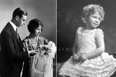 La princesse Elizabeth enfant. A gauche:  bébé avec ses parents, le prince Albert et Elizabeth Bowes-Lyon
