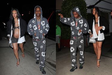 Samedi 23 avril, Rihanna et son compagnon A$AP Rocky ont été aperçus à la sortie du restaurant Giorgio Baldi, après un dîner de baby shower entouré de famille et amis.